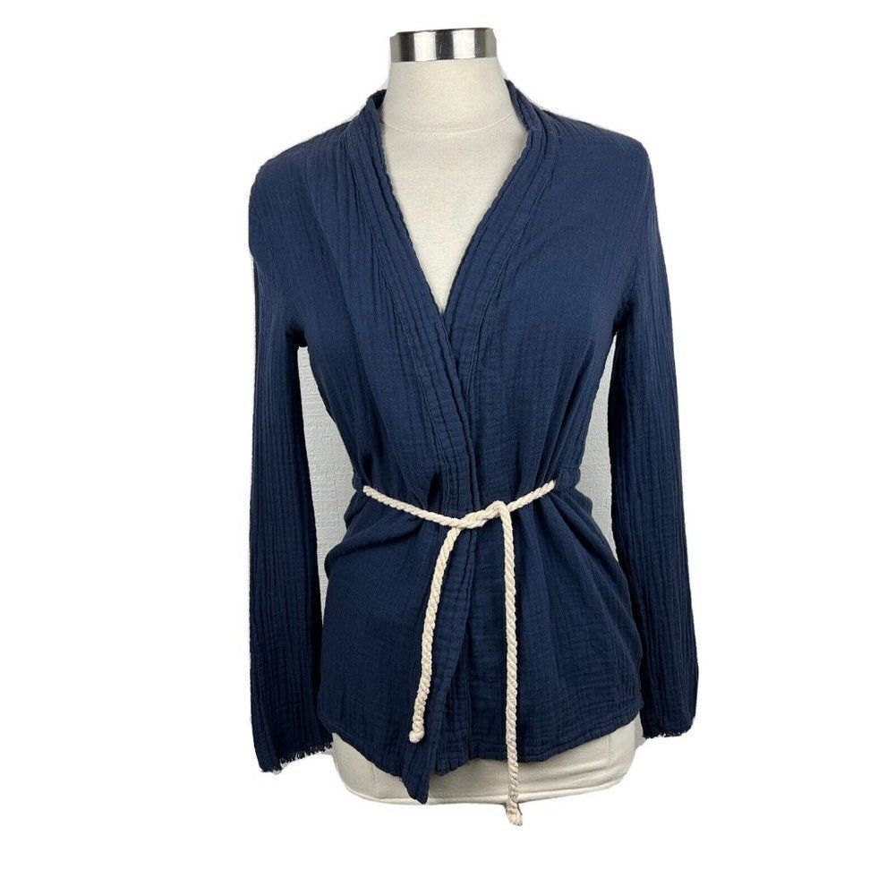 Lacausa Cardigan XS Womens Navy Blue Waist Tie Rope Cotton Crinkle Casual
